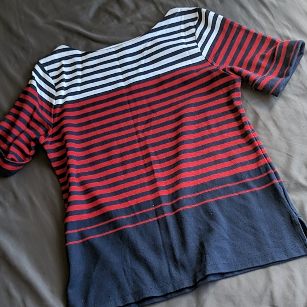 red and blue striped tee